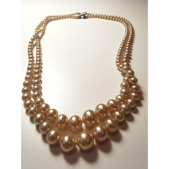 Double Strand Faux Graduated Pearl Necklace 16.75" Rosé Pink 1950s Choker - Picture 9 of 10